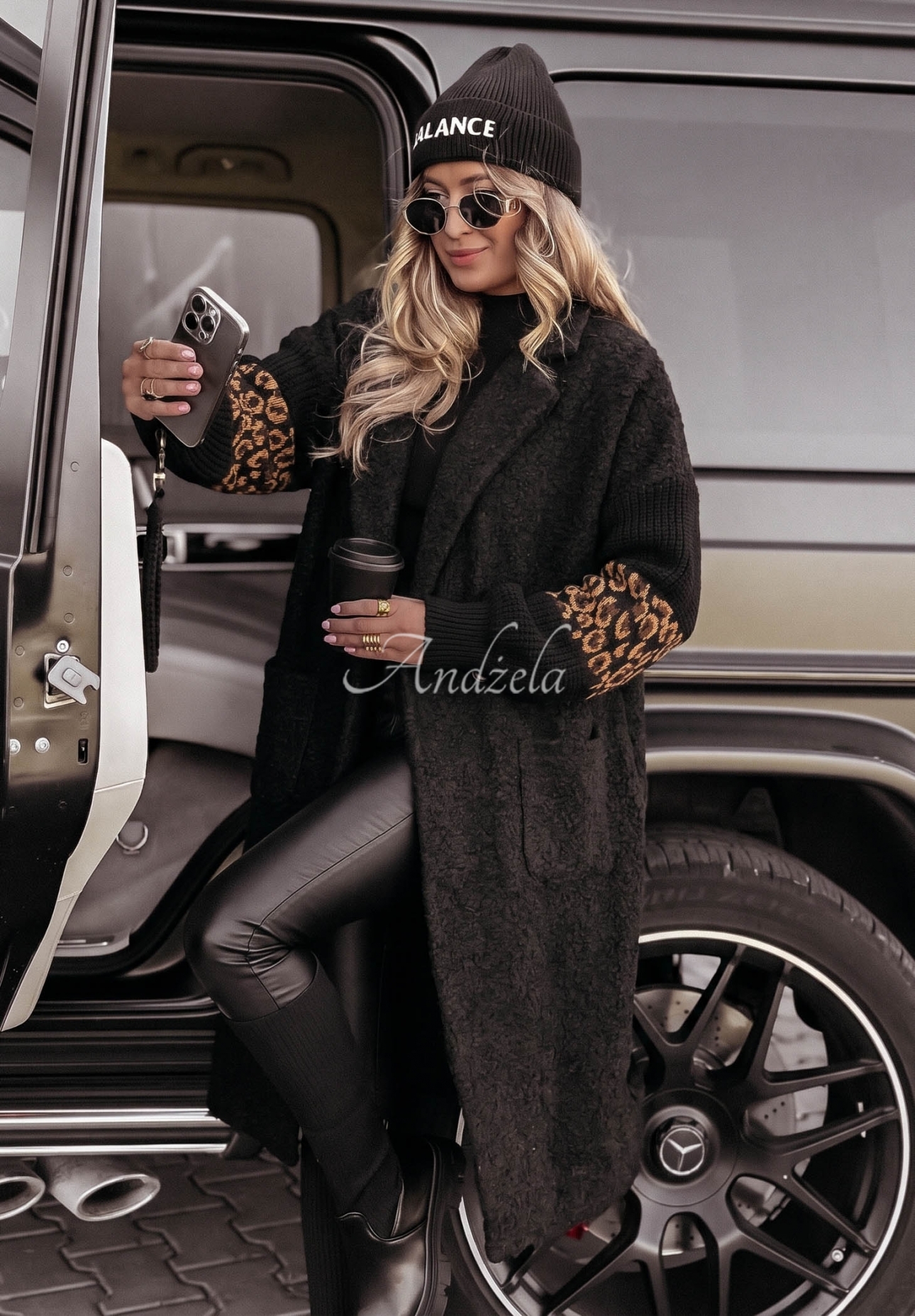 Love Long Shearling Coat with Leopard-Print Sleeves, Black