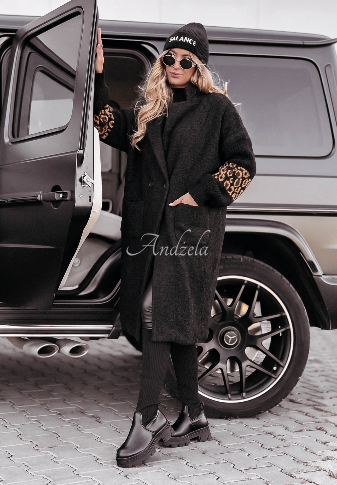 Love Long Shearling Coat with Leopard-Print Sleeves, Black