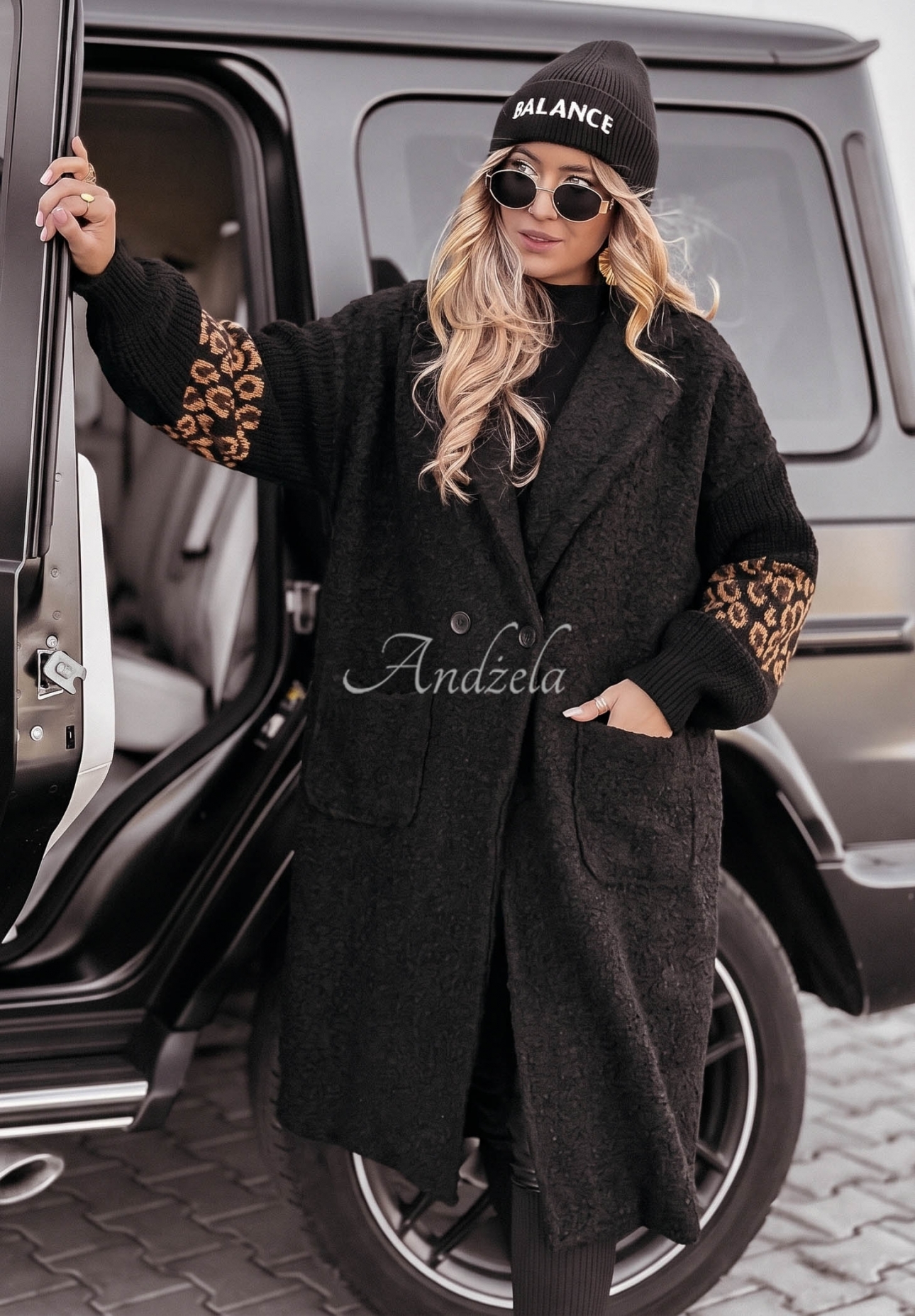 Love Long Shearling Coat with Leopard-Print Sleeves, Black