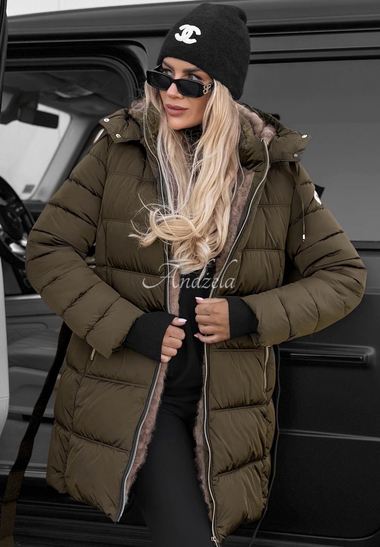 Długa pikowana kurtka z kapturem i paskiem Cold Theory khaki