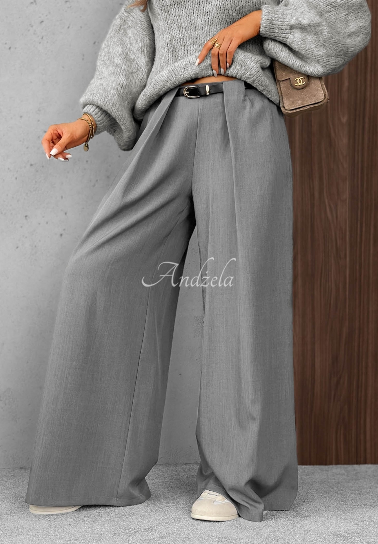 Eleganckie spodnie wide leg z zakładkami Timeless Poise jasnoszare