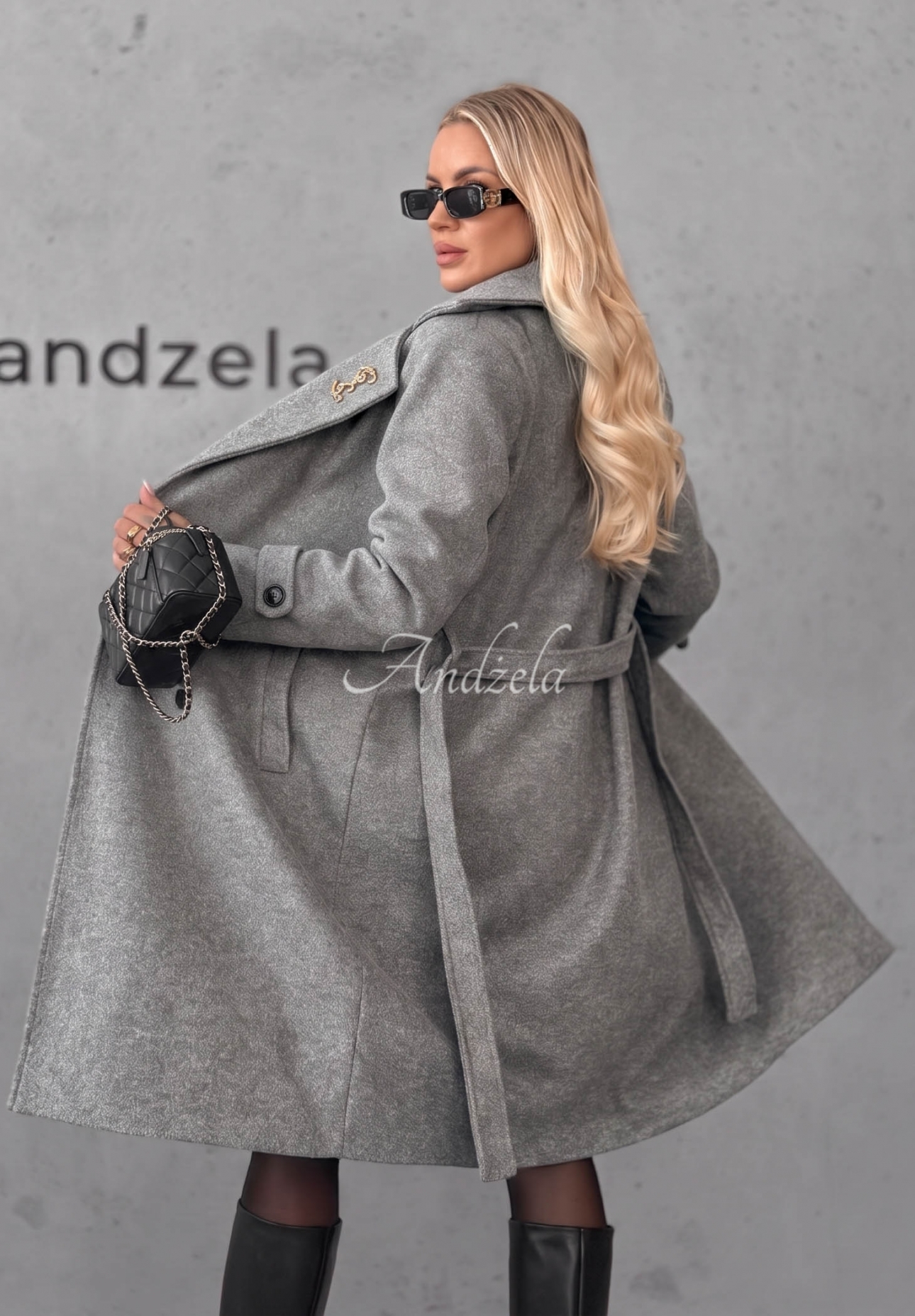 Maple Street Long Coat with Collar and Belt, Gray