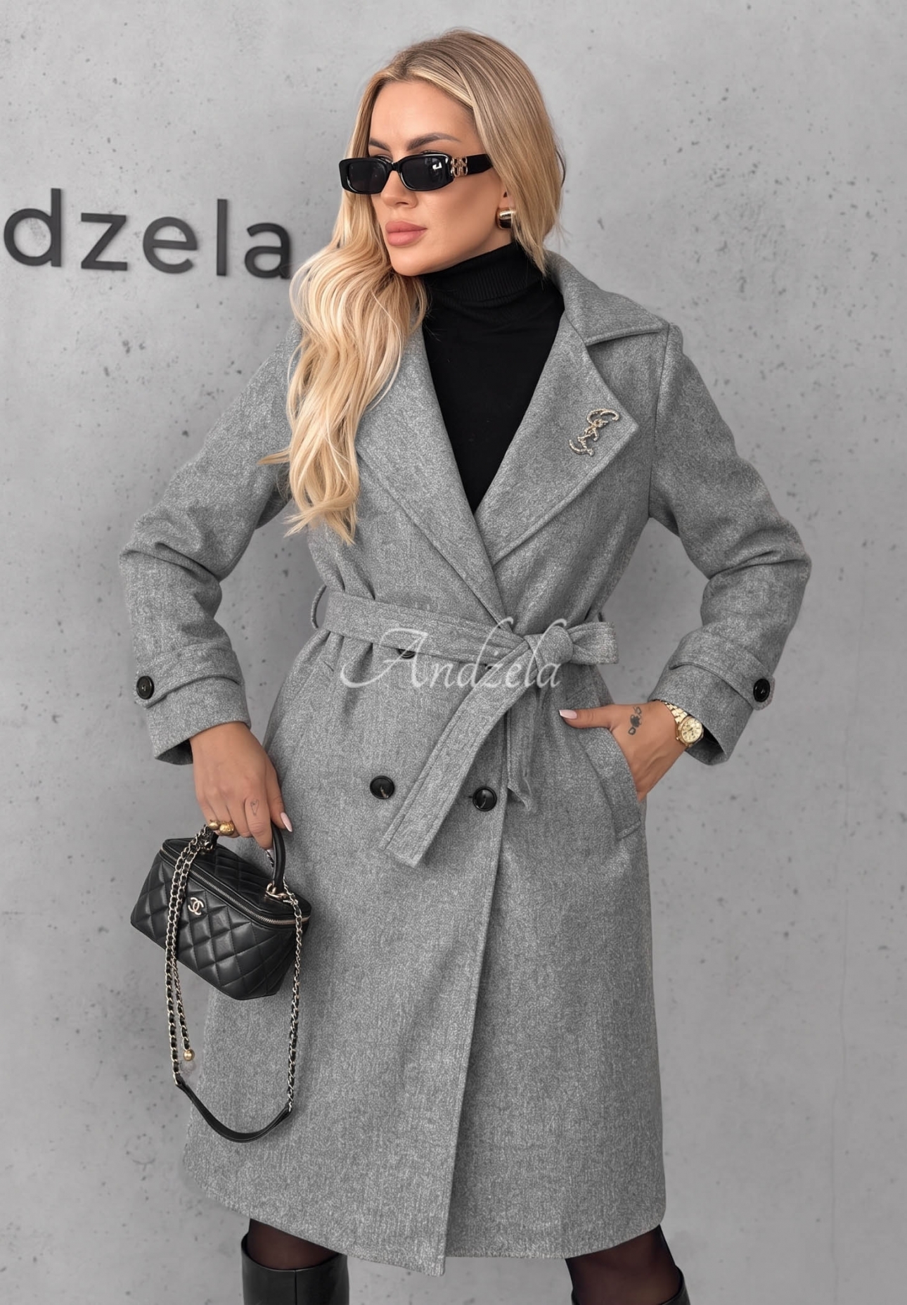 Maple Street Long Coat with Collar and Belt, Gray