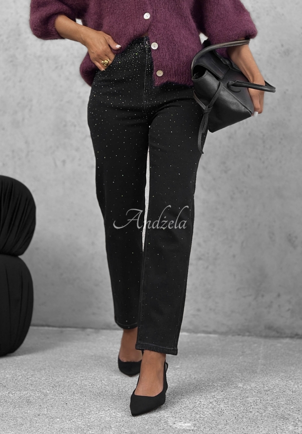 Glitter Affair Black Mom-Fit Jeans with Rhinestones