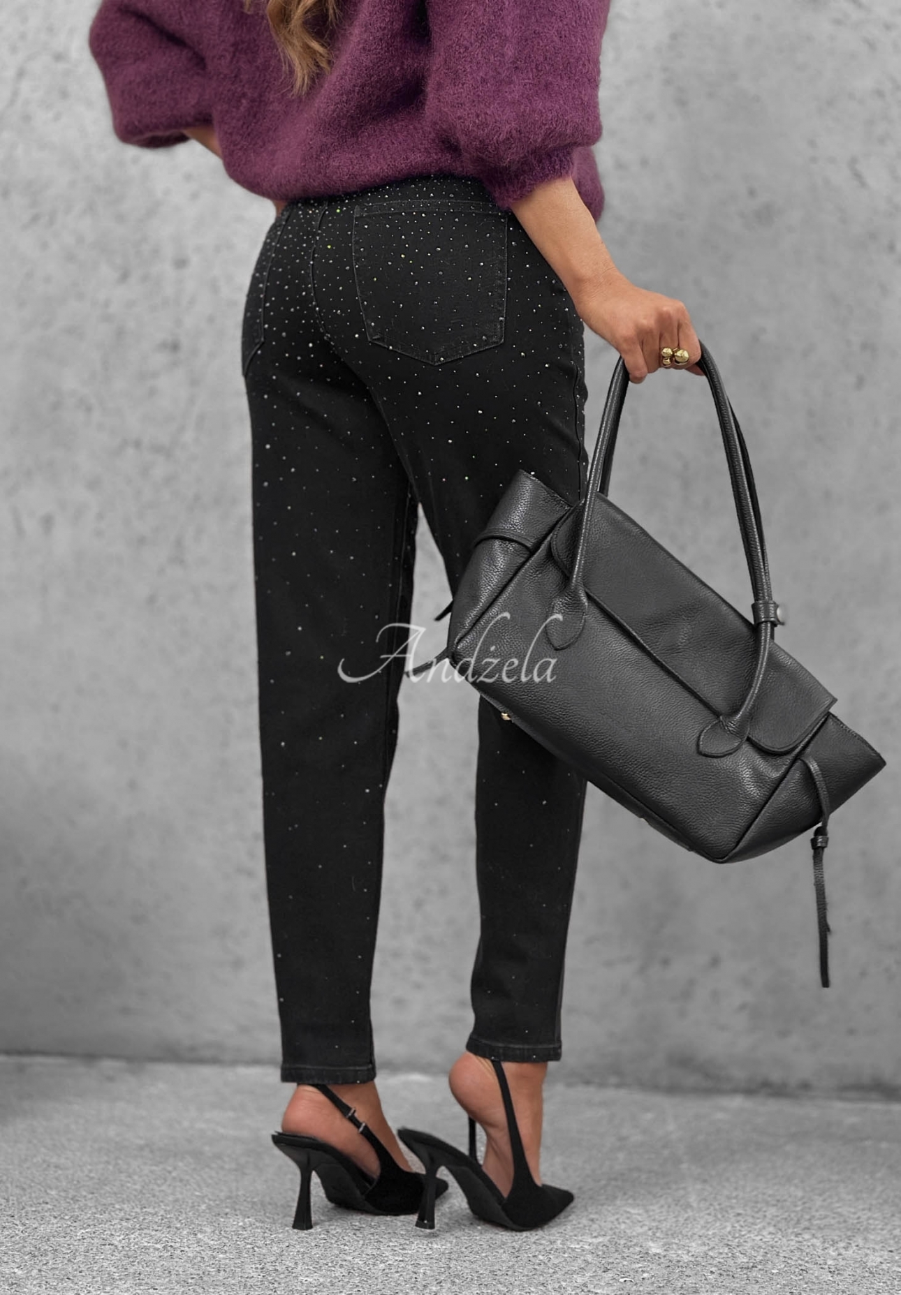 Glitter Affair Black Mom-Fit Jeans with Rhinestones