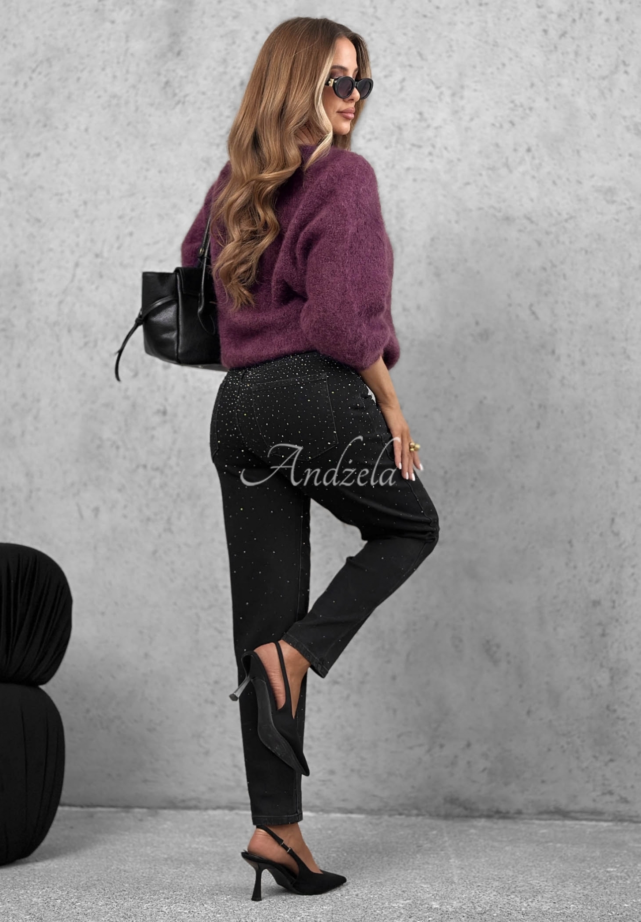 Glitter Affair Black Mom-Fit Jeans with Rhinestones